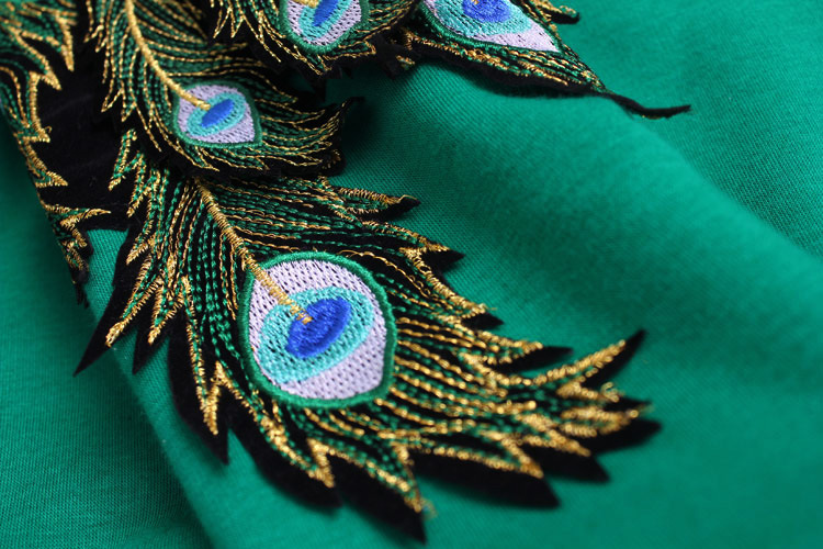 欧洲站潮牌秋冬女装 圆领长袖孔雀羽毛刺绣套装加绒加厚卫衣裤女