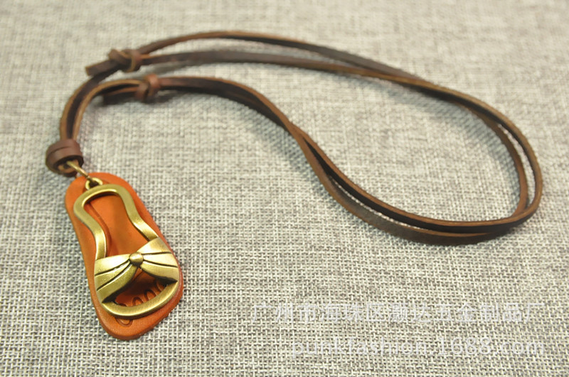 韩国夏复古文艺牛皮绳创意吊坠挂件毛衣链长款项链配饰品 皮项链