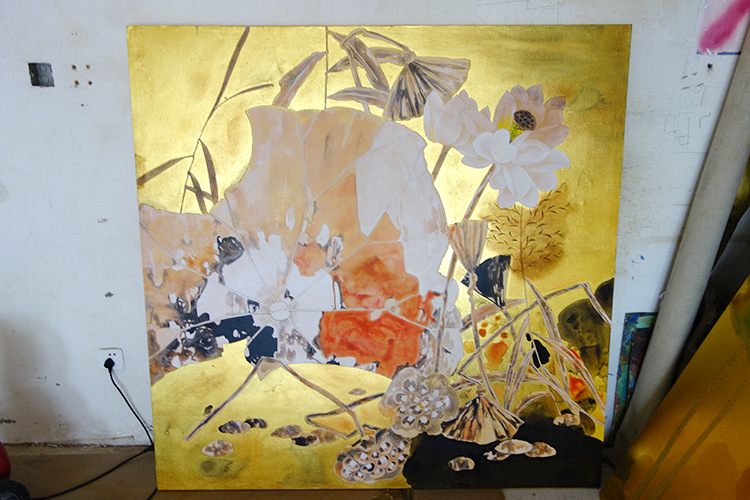 专业纯手绘金箔画 抽象荷花 金银箔家居装饰 加工定制装饰画