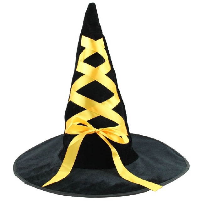 万圣节舞会装扮cos女巫尖顶帽绒布缎带蝴蝶结巫婆帽舞台演出道具