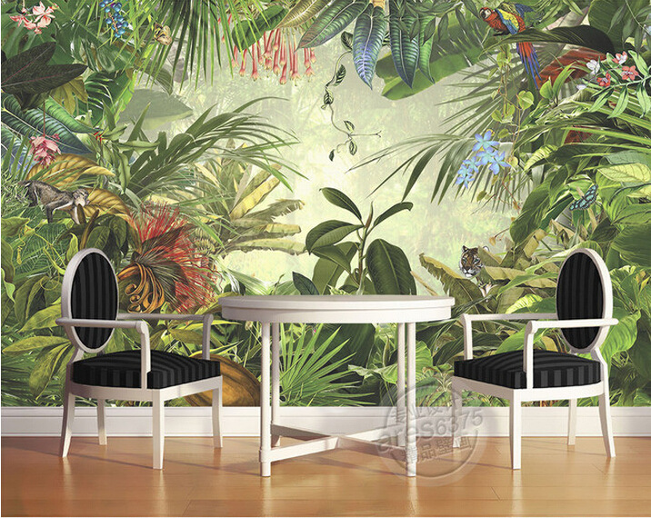 欧式复古手绘热带雨林墙纸动物大型壁画 餐厅客厅沙发背景墙壁纸