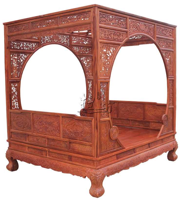 中式明清古典红木家具 花梨木实木双圆门花鸟架子床双人月洞大床