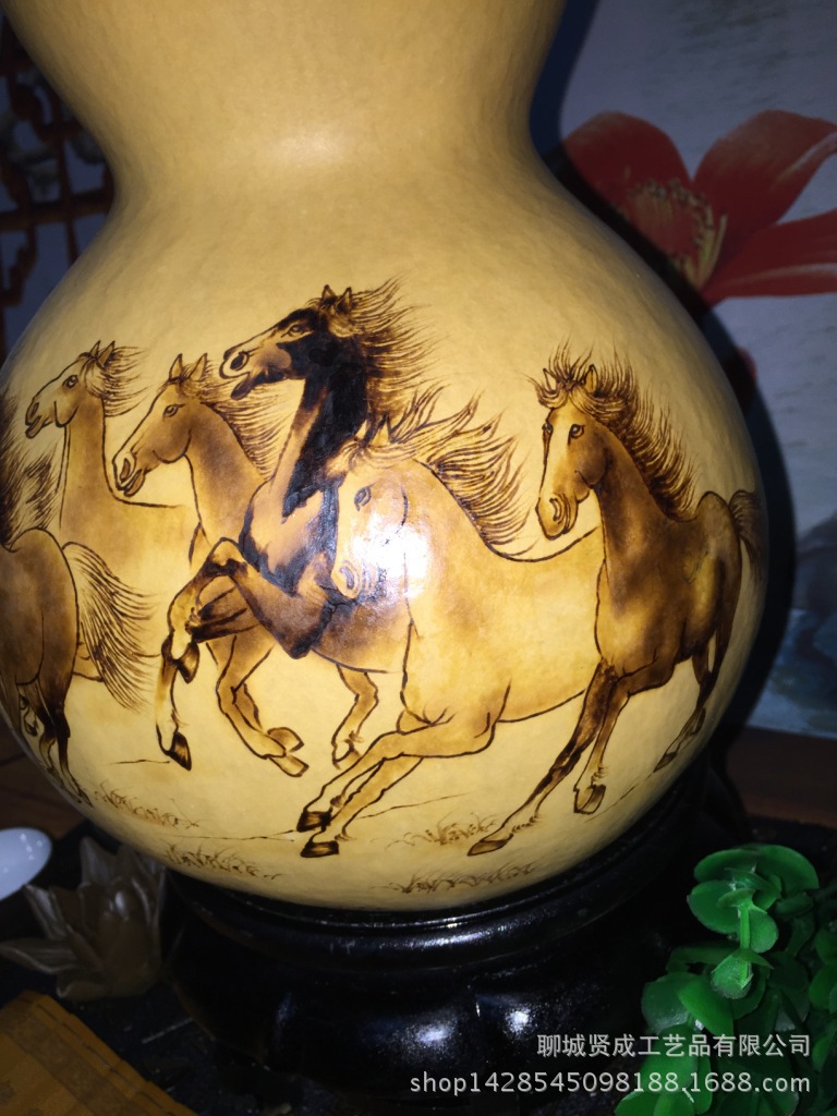 聊城纯手工烙画大号天然葫芦八骏图 八骏马 马到成功烙画大葫芦