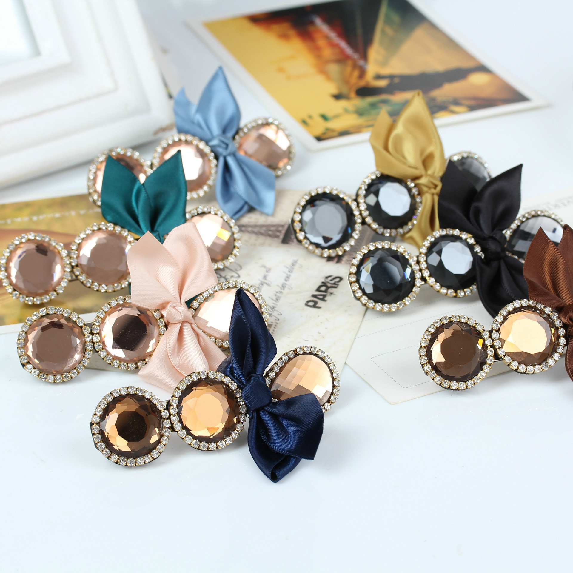 韩版新款高档水钻蝴蝶结发夹时尚布艺高档韩国超闪水晶发夹