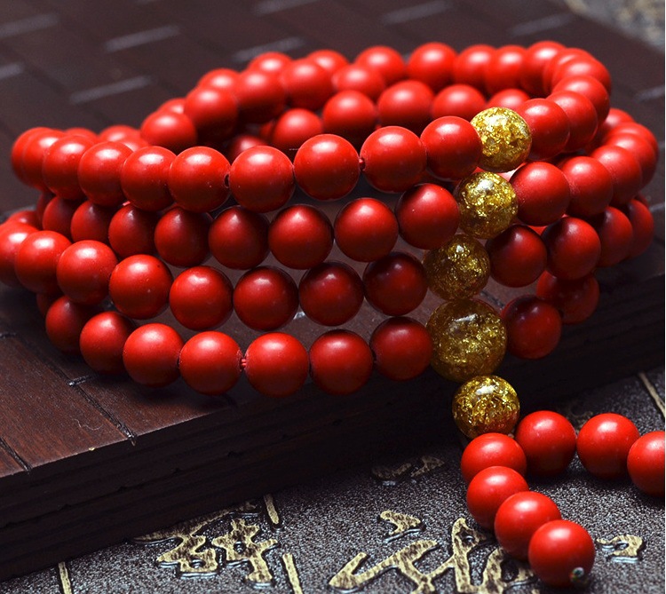 台湾天然朱砂108颗佛珠手串配金箔念珠 朱砂手链 厂家直销