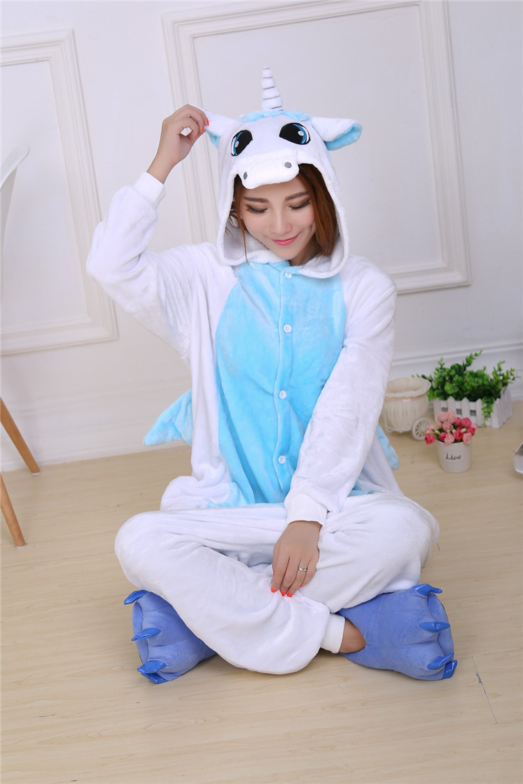 法兰绒连体睡衣蓝粉独角兽卡通动物家居服如厕版秋冬可爱男女珊瑚