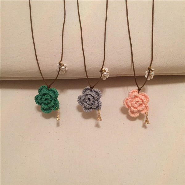 韩版手工钩花毛线花朵女童项链铁塔毛衣链