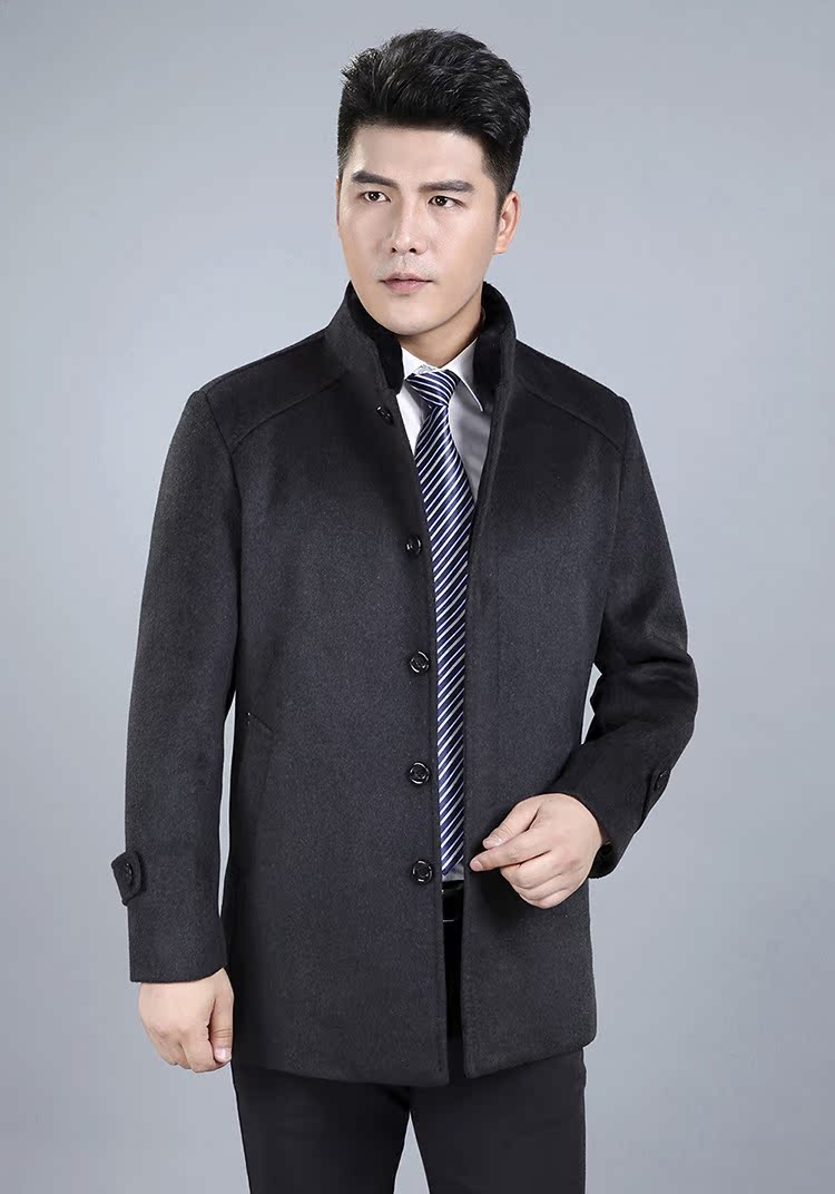 厂家直销九都狼皇秋冬羊绒大衣男中长款真毛獭兔毛领立领大衣男