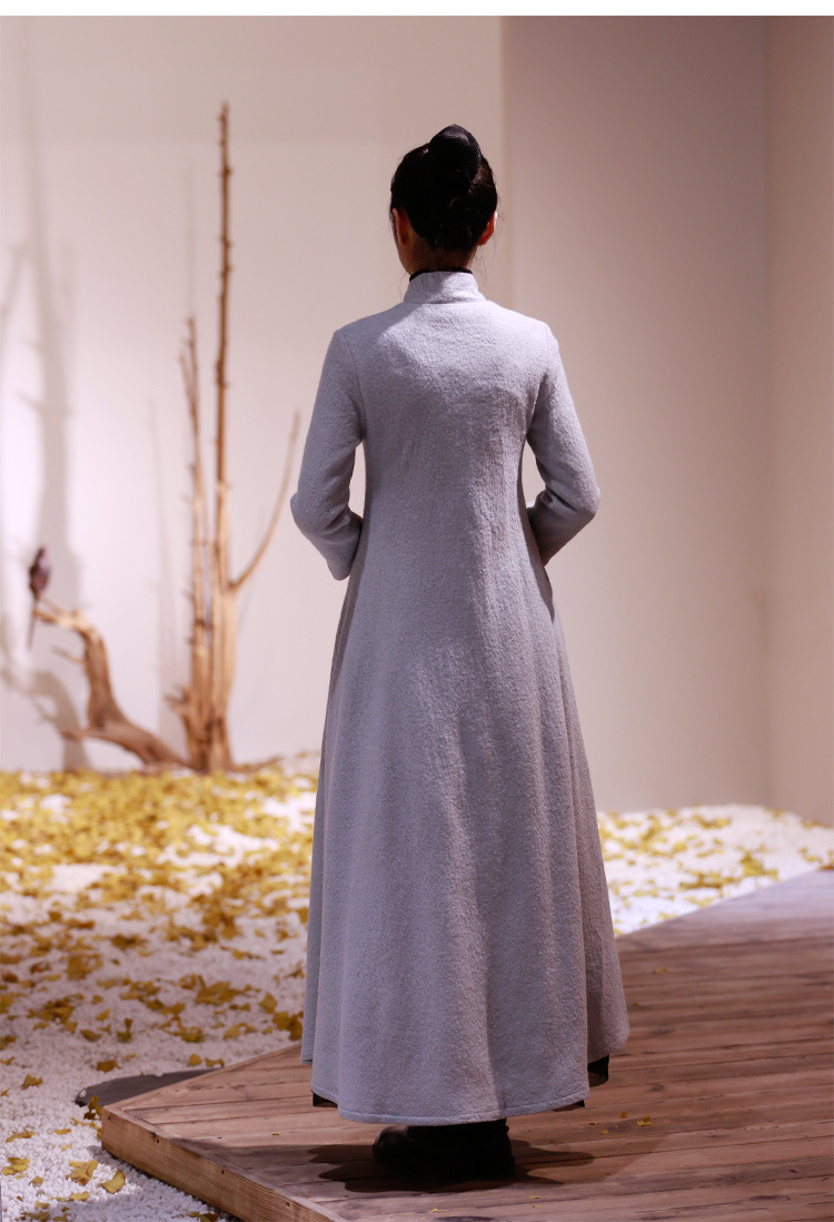 起念2017秋冬修身花瓣领 中国风羊毛复古长袍大摆连衣长裙女 l202