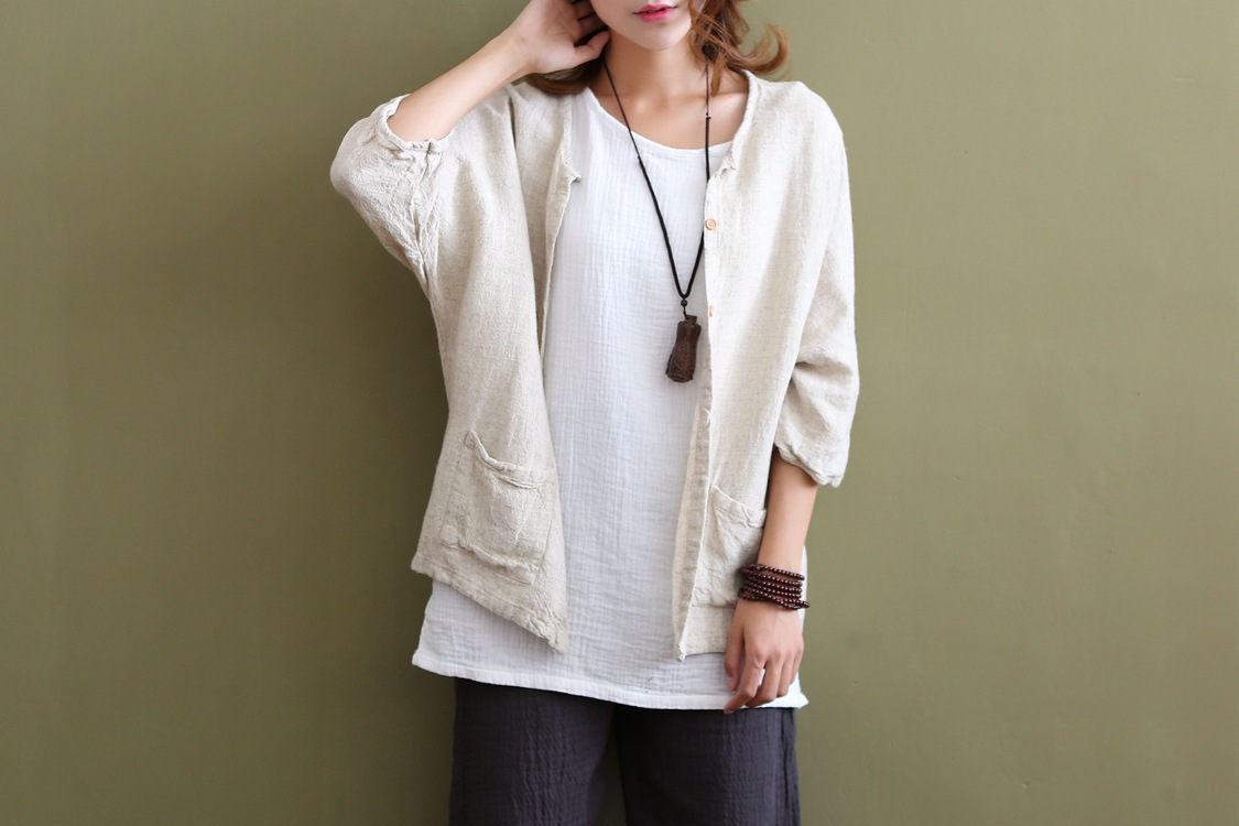 服饰鞋包棉麻女装新款开衫上衣外套文艺宽松纯麻衬衫棉麻女