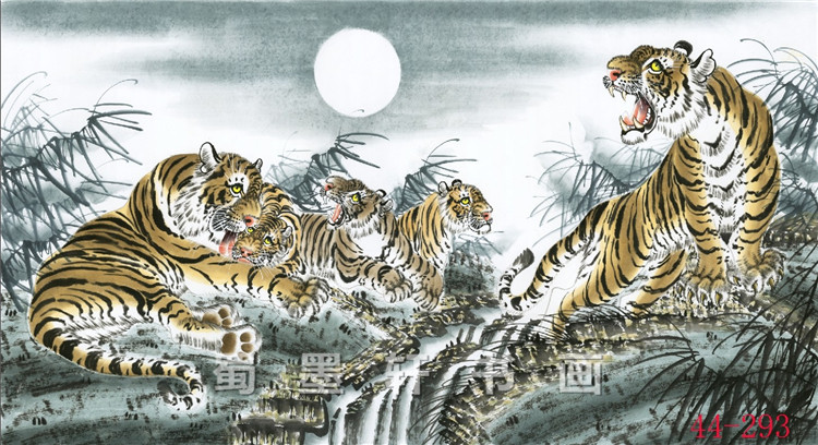 44-293字画 中国虎画批发 五虎 五福临门 高仿画芯厂家直销可定制