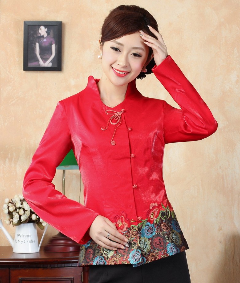 红色改良女士丝绸唐装上衣 批发