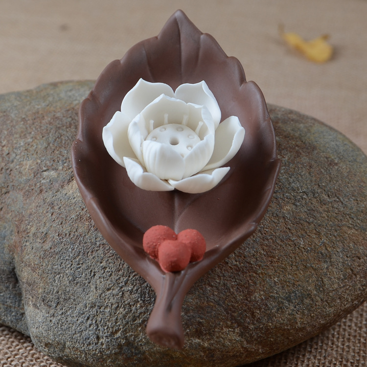 德信荷花小香插 创意精美家居佛堂小香插陶瓷香炉手工香插莲花