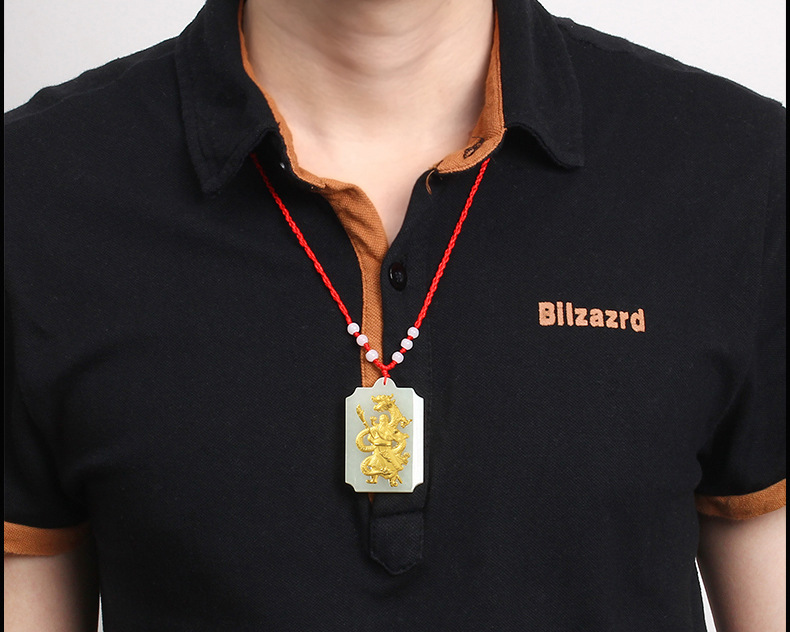 伊莱特厂家直销和田玉金镶玉关公盘龙吊坠男 足黄金镶嵌玉佩玉坠