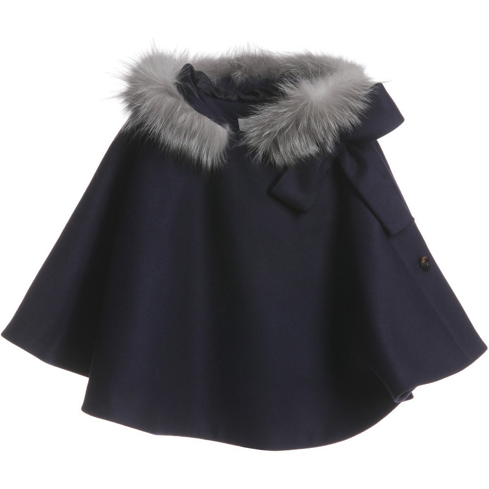 欧美童装女童斗篷披肩外套貂毛毛呢大衣保暖披风奢华真毛领代发