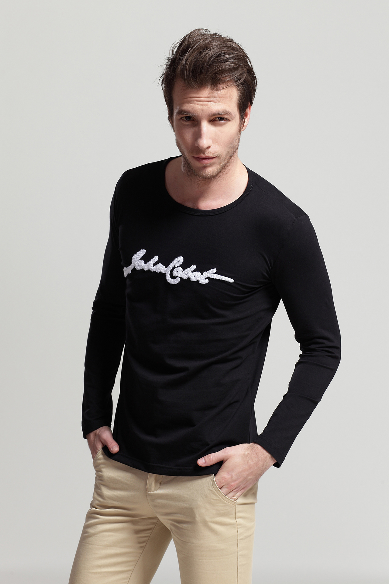 johncabot春季男装t恤男韩版男士长袖t恤男大码圆领修身打底衫男