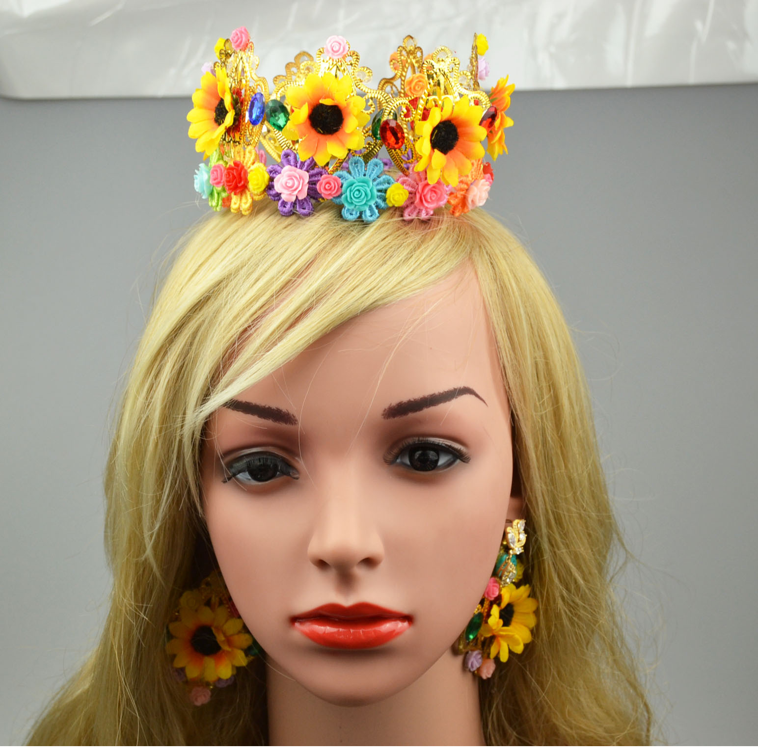 新娘复古彩色皇冠 手工花朵造型百搭结婚发饰 古装头饰 新娘凤冠