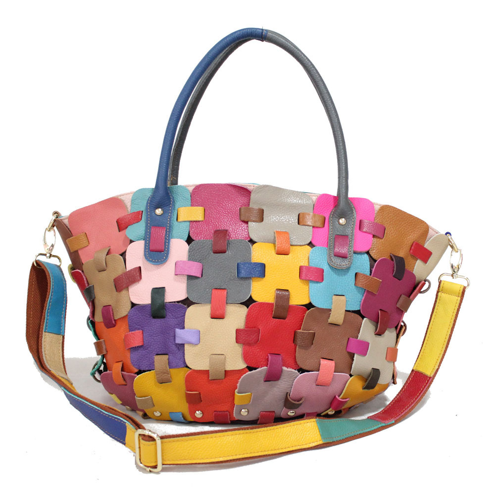一件代发外贸爆款欧美真皮拼接女包 拼色多彩手提包单肩斜跨包