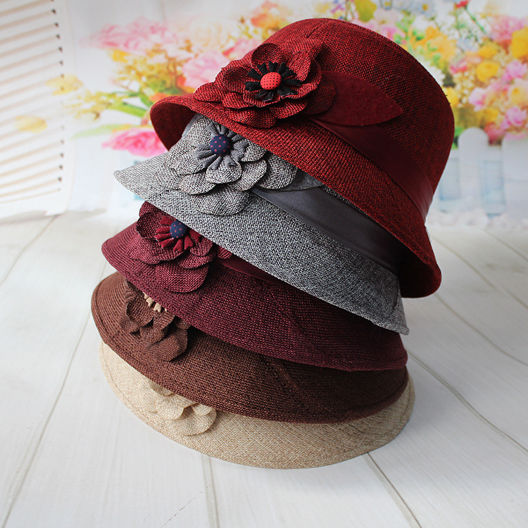 Spring and Autumn Linen Fabric Big Flower Hat Spring and Summer Middle-Aged and Elderly Women's Hat Linen Basin Hat Sun Hat