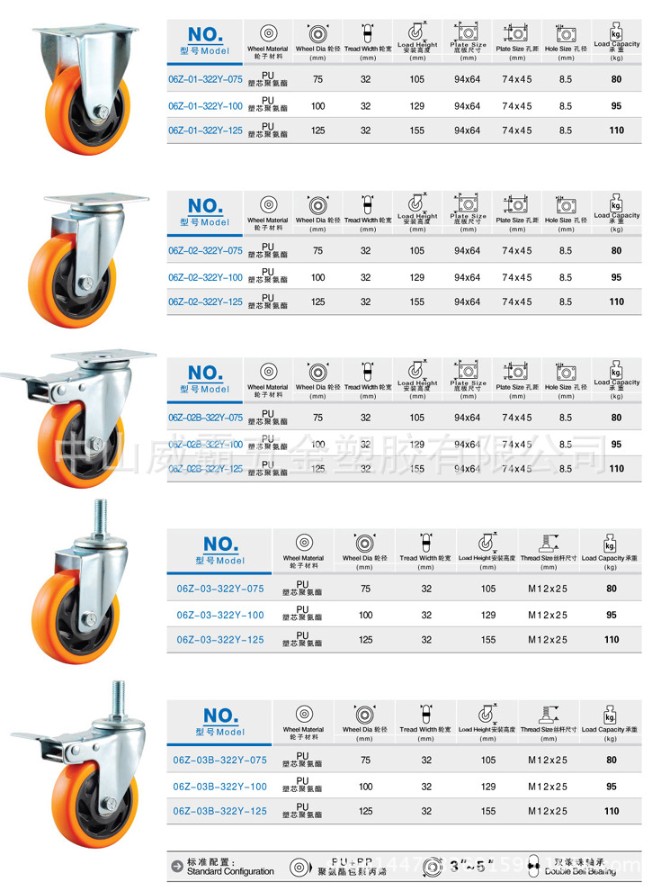 中型聚氨酯工业万向脚轮 橙色通花聚氨酯pu脚轮