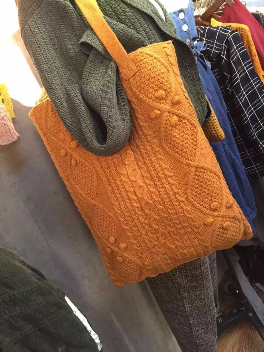 独家定制秋冬新款韩国毛线包包 针织可爱豆豆麻花图案单肩包挎包