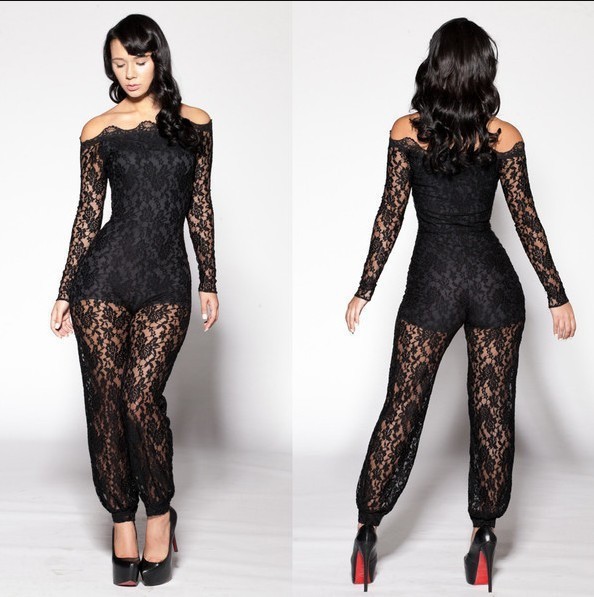 1165#速卖通火爆款 时尚性感透视夜店款 修身镂空蕾丝派对连体裤