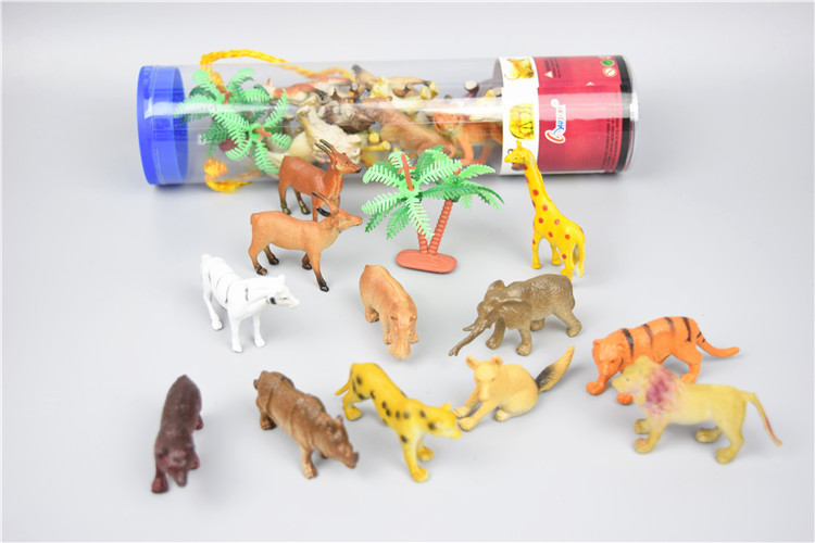 跨境热卖桶装森林动物模型环保塑胶仿真模型玩具狮子老虎大象摆件