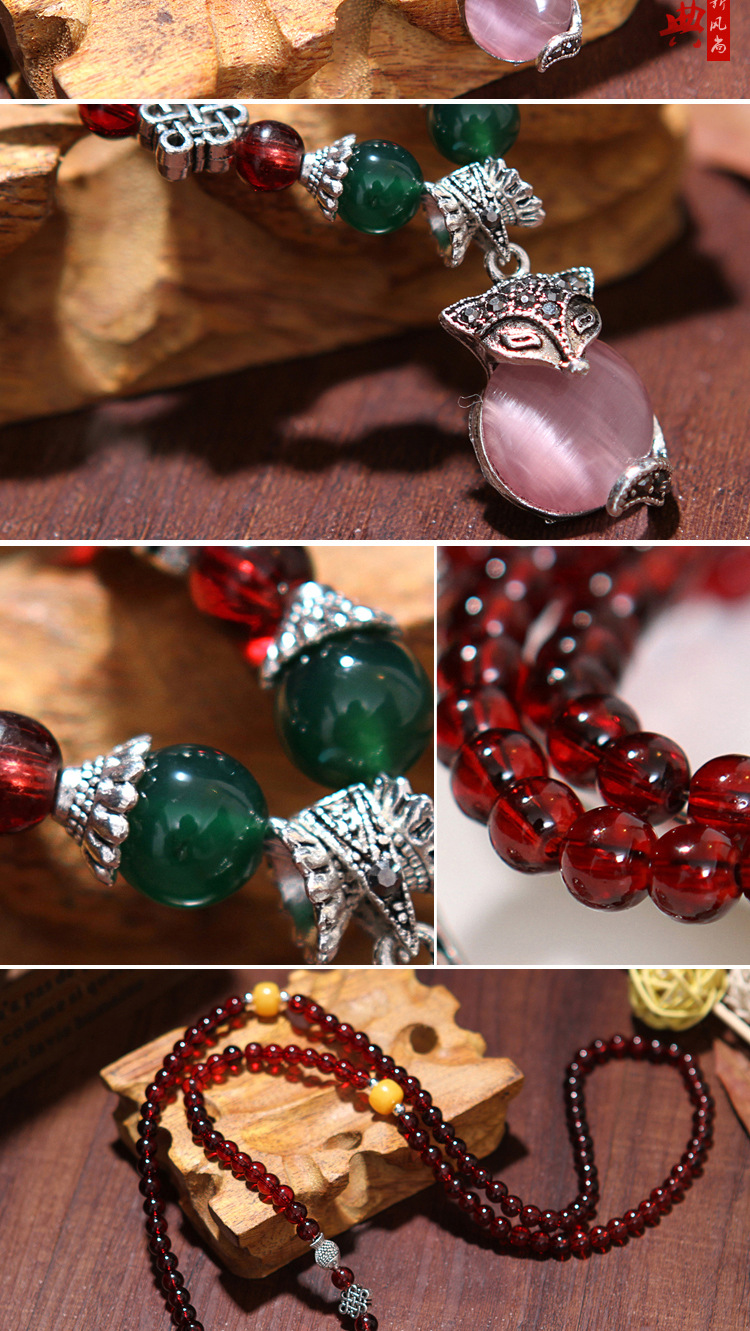 韩版时尚高仿玻璃石榴石蜜蜡手链 女士酒红108颗多圈手串饰品批发