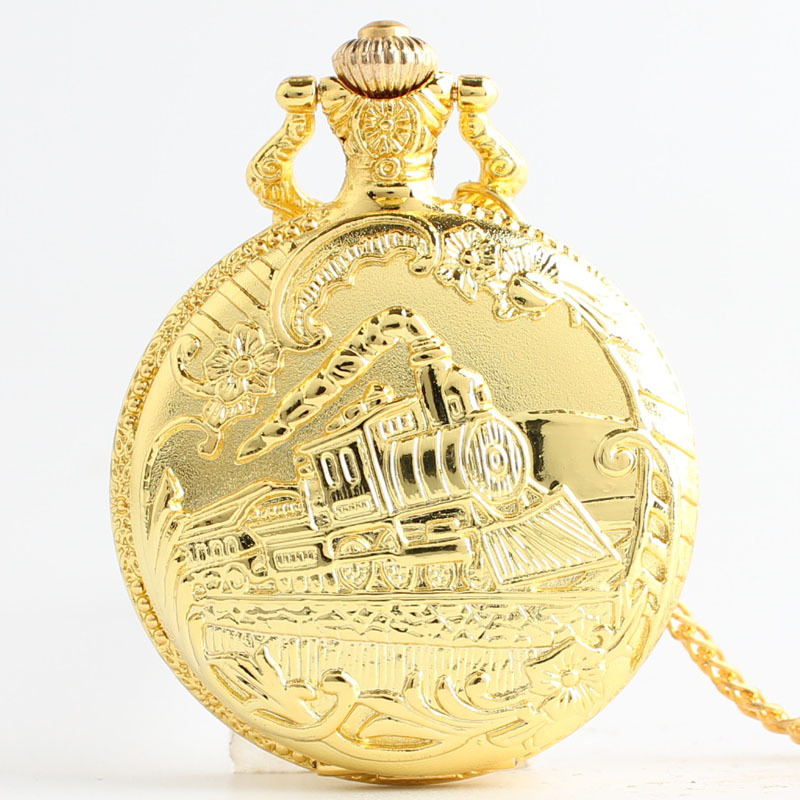 金色火车头复古翻盖怀表 男女士收藏 石英怀表 老人怀表 挂表