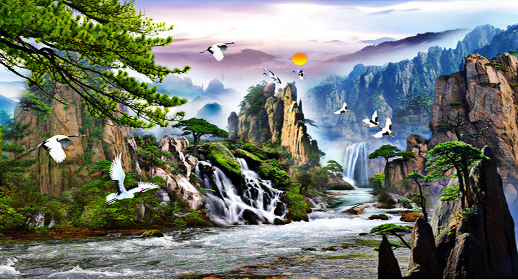 3d立体电视背景墙壁纸壁画 客厅无纺布墙纸 大型中式山水风景画