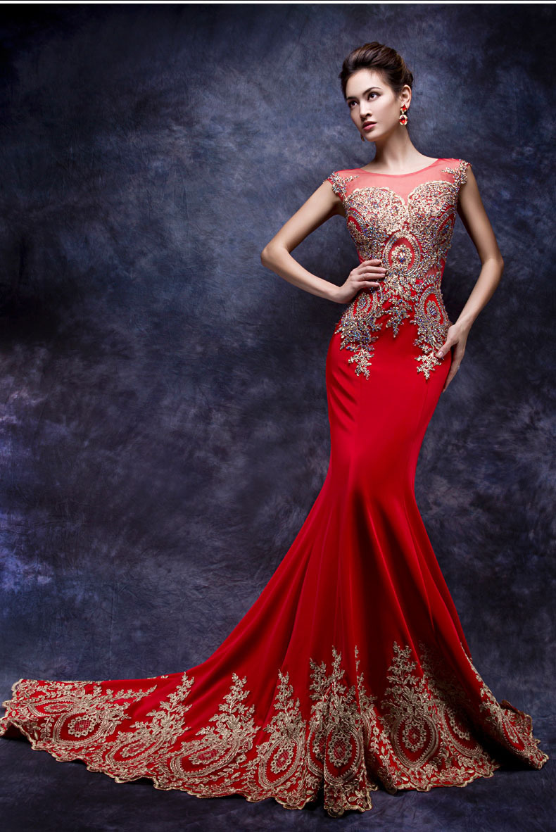 结婚红色长款修身敬酒服高档鱼尾刺绣拖尾宴会晚礼服婚纱摄影 大红色