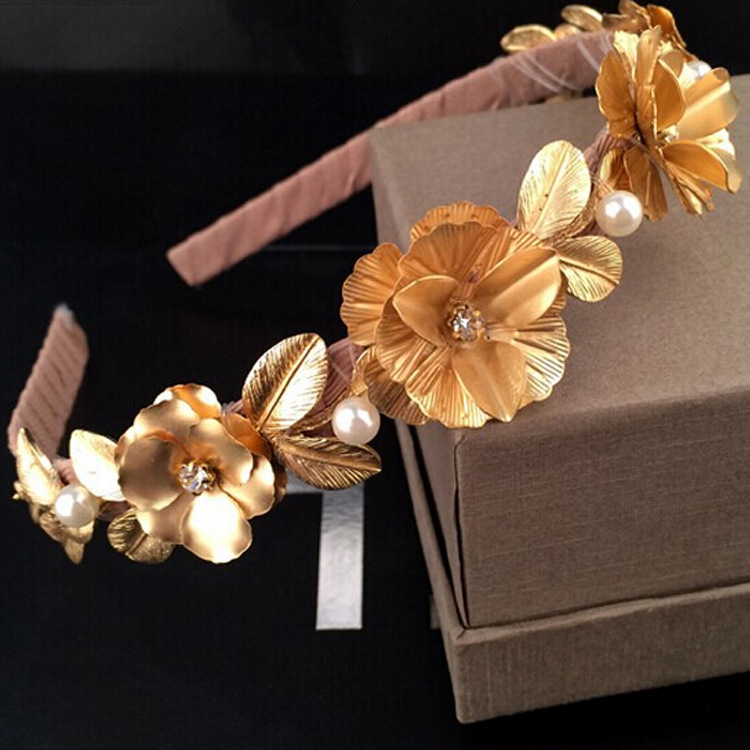 韩版金色复古树叶珍珠花朵水钻发箍头箍巴洛克宫廷风女头饰