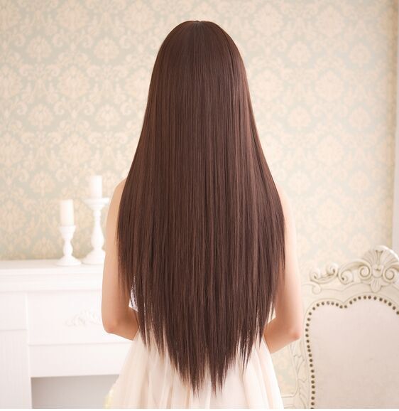 现货时尚假发批发女 长直发蓬松发型 女士长发 齐刘海时尚假头套