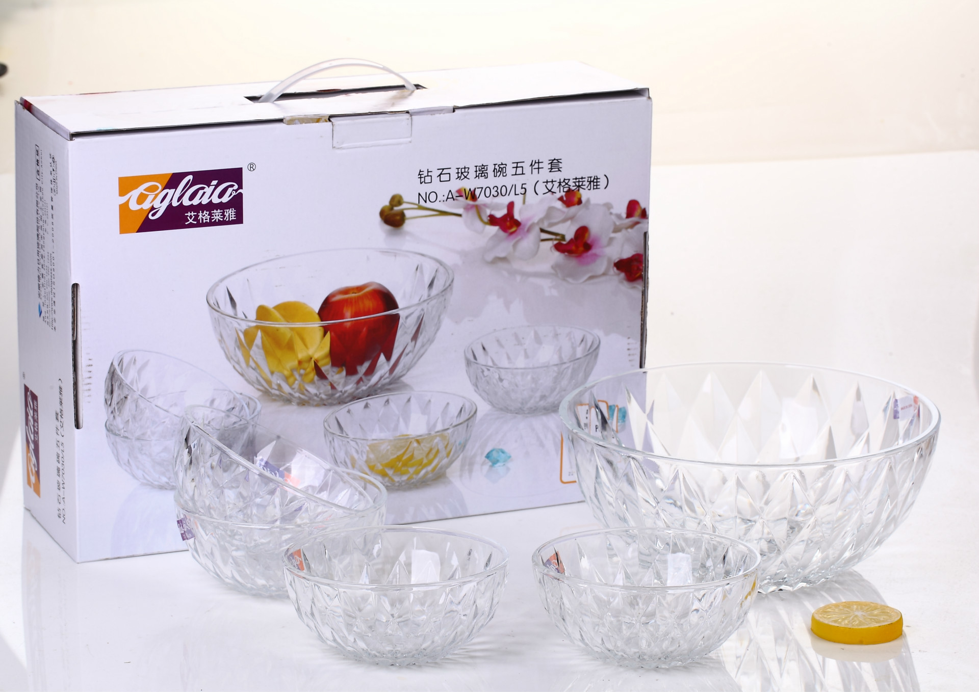 艾格莱雅高白无铅钻石玻璃碗5件套 水晶碗沙拉碗 玻璃碗套装.