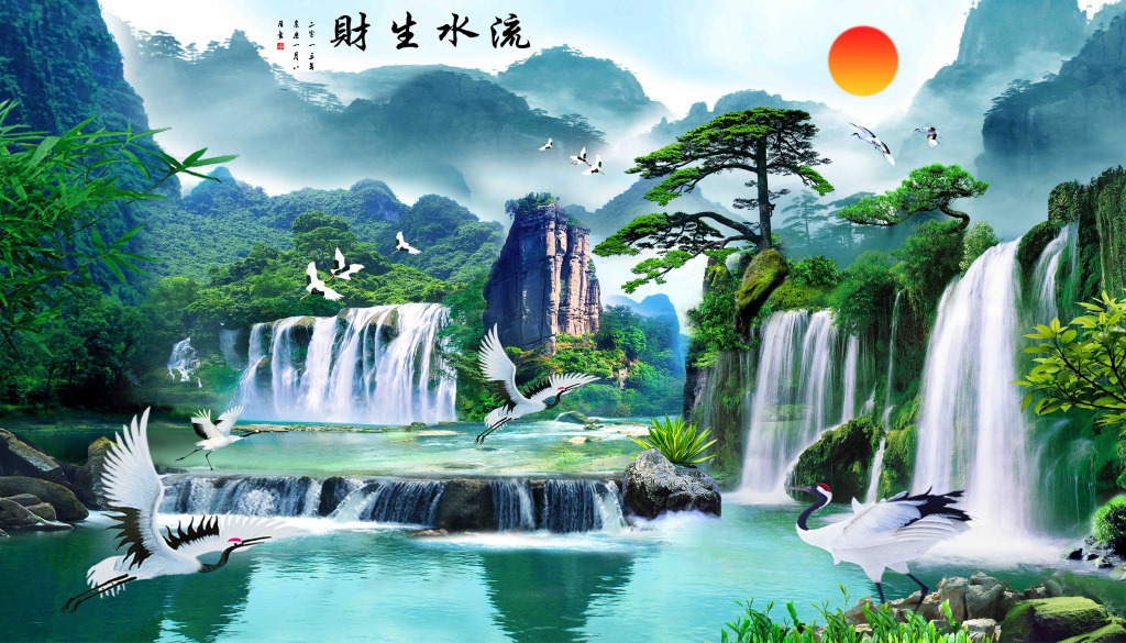 瓷砖背景墙 客厅艺术幻彩雕刻大型3d山水流水生财壁画电视背景墙