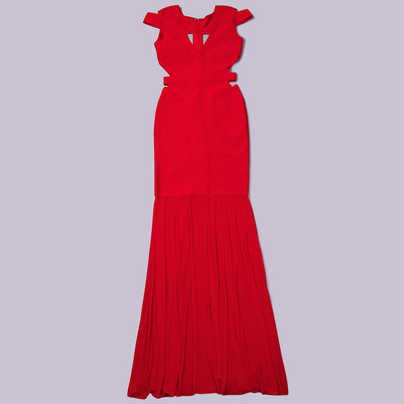 herve绷带裙 欧美新娘敬酒性感v领露背网纱拼接长款晚会晚礼服