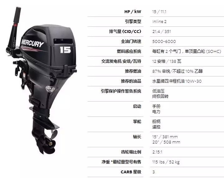 美国水星mercury四冲程15马力冲锋舟钓鱼船外机马达皮划艇充气艇