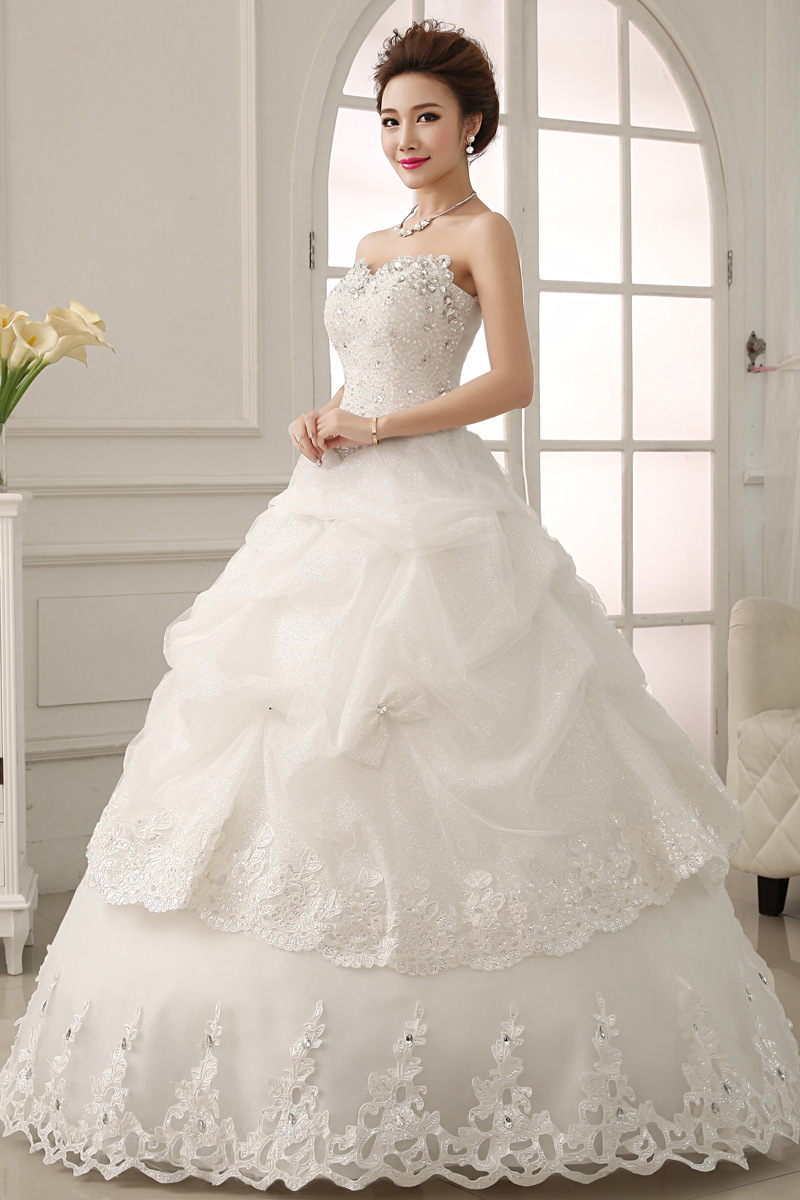 时尚抹胸婚纱韩式荷叶边波浪裙摆蕾丝花边蓬蓬裙婚纱齐地显瘦女夏