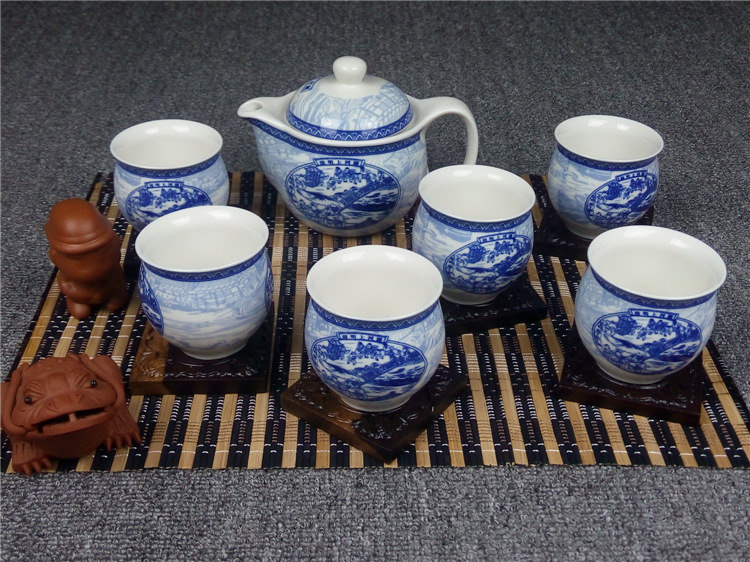 陶瓷七头双层青花瓷茶具套装7头隔热茶杯茶壶整套功夫茶具礼盒