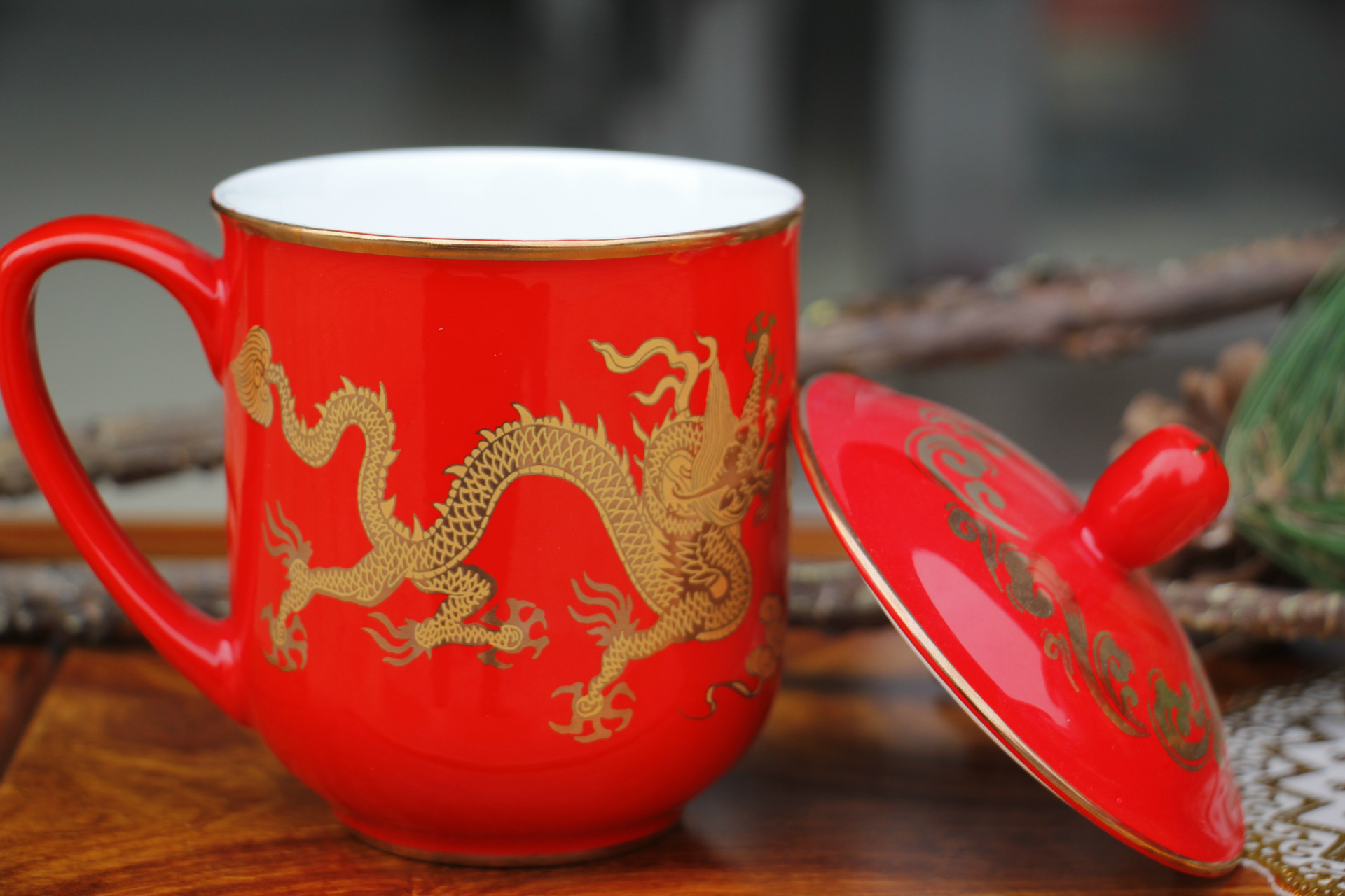 醴陵中国红瓷将军杯盖杯 高档办公茶杯 生