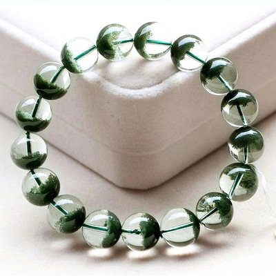 纯天然纯绿无红皮半沙聚宝盘绿幽灵手链 绿幽灵水晶手串