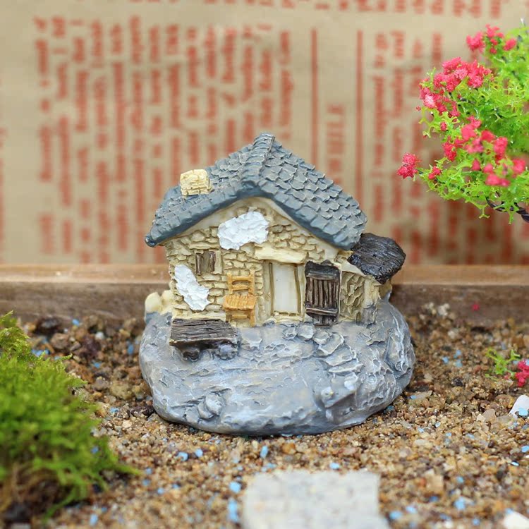 新款石头茅草屋 小房子苔藓微景观装饰diy树脂摆件 世外桃源