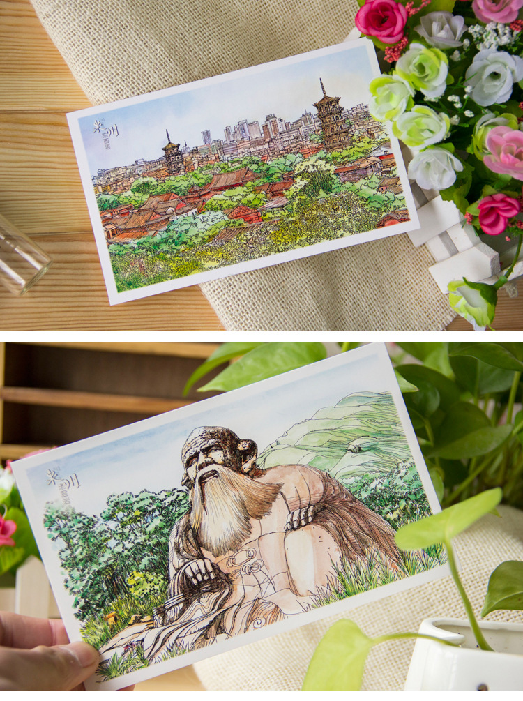 泉州手绘明信片 中国古建筑城市旅游风景 闽南特色纪念商务礼品