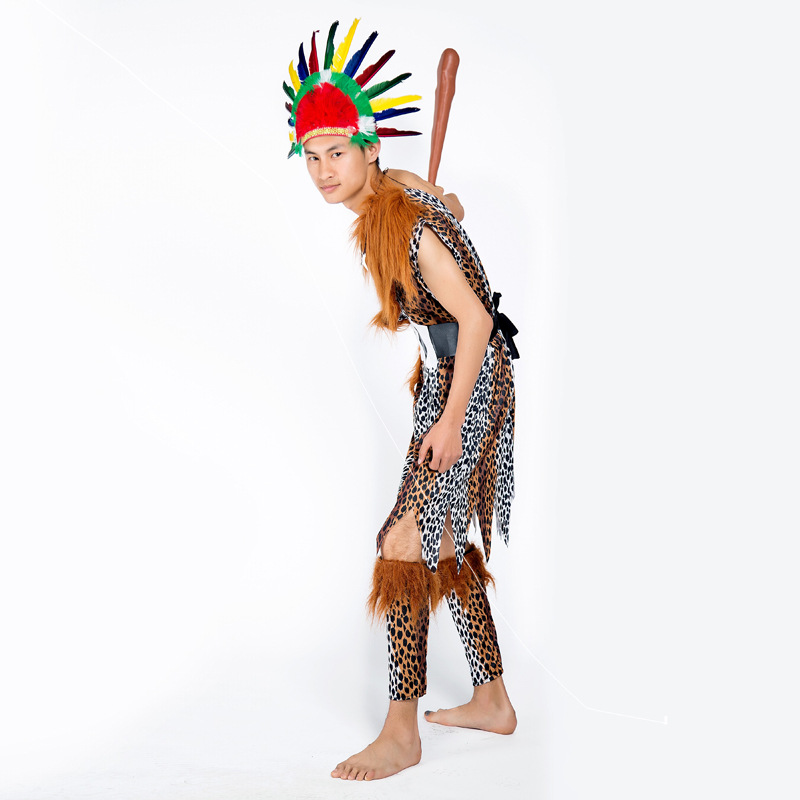 万圣节演出服装服印第安人服装男女野人服饰成人豹纹服装野人服