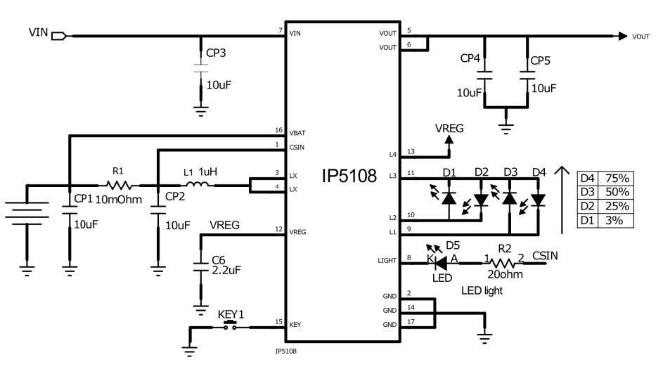 移动电源芯片ip5108简化应用原理图(4led指示电量)