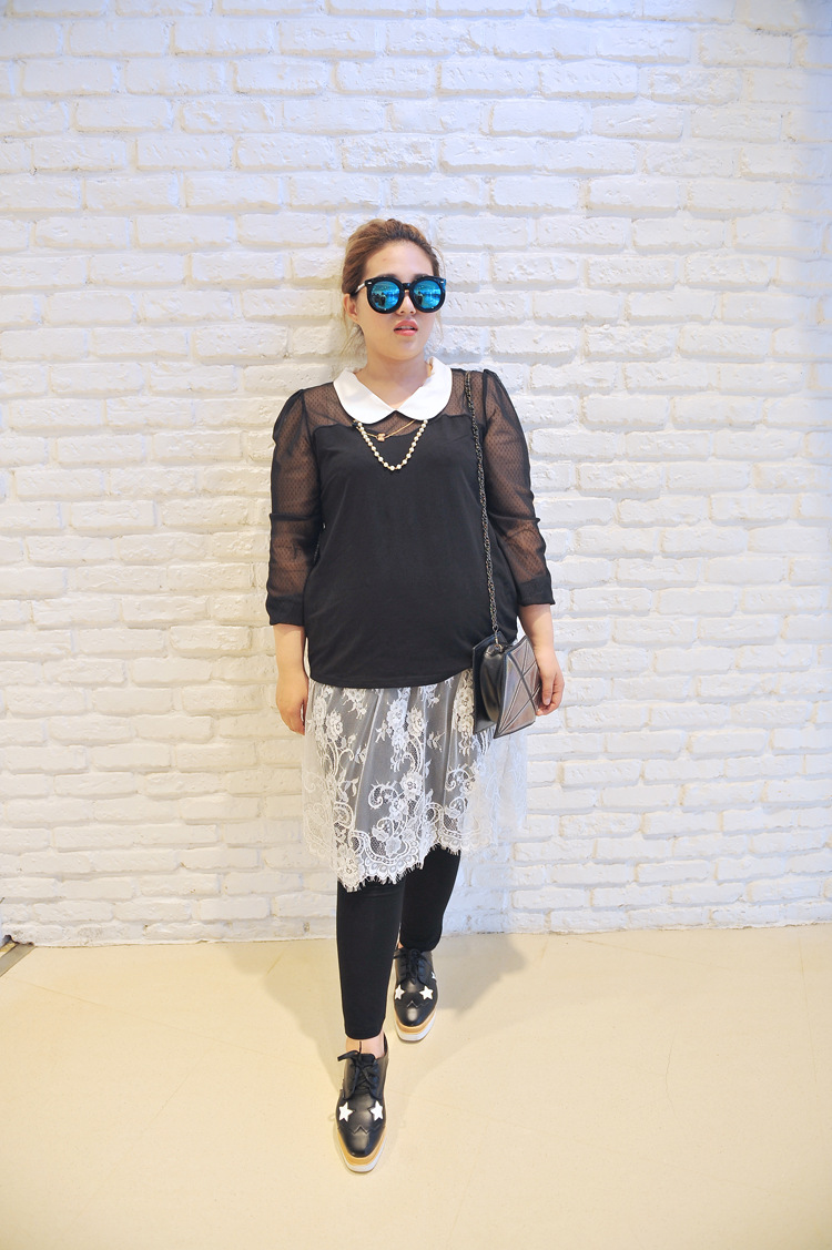 秋季新款aireal韩版娃娃领网纱拼接大码女装胖mm衬衫工厂货源