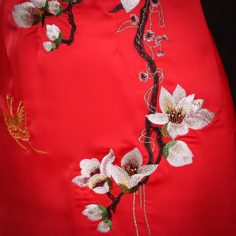 新款敬酒服新娘时尚结婚旗袍刺绣丝绸红色中