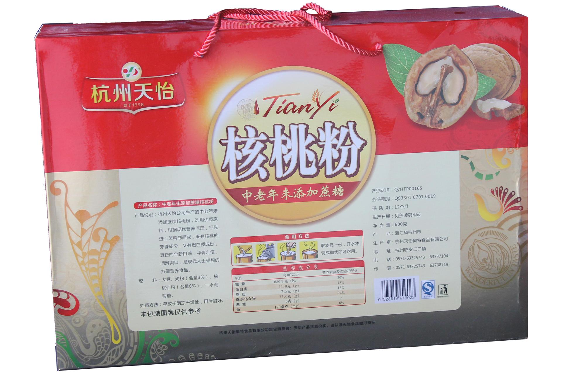 品牌 杭州天怡 名称 中老年未添加蔗糖核桃粉 配料 大豆,奶粉,核桃仁