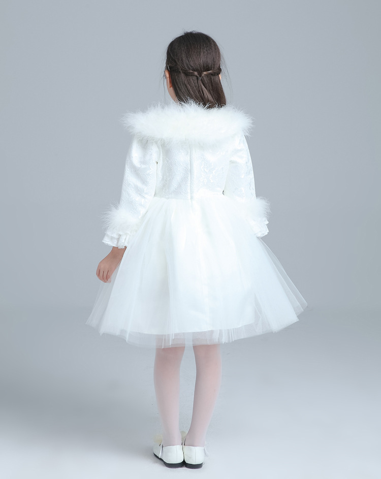 小花童礼服裙秋冬季新款 长袖加绒红色白色儿童婚纱裙公主蓬蓬裙