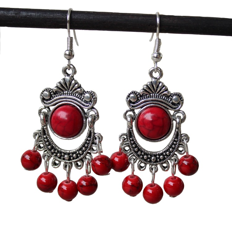 新品云南民族风饰品 手工复古藏银松石长款夸张耳钉耳环演出道具